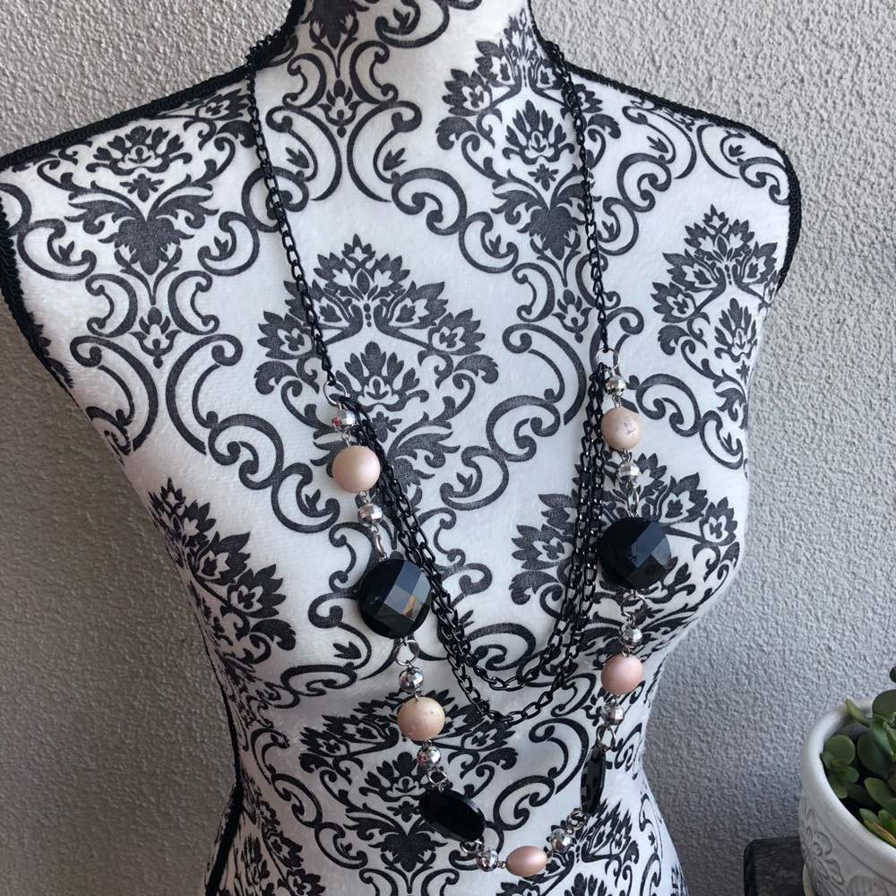 Layered Pink, Black, Silver Round Bead Necklace